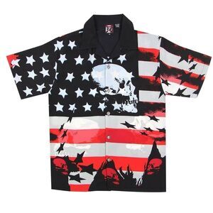 Mens VTG Dragonfly Roadhouse SS 2XL Metal Button USA Flag Motorcycle Skull Biker